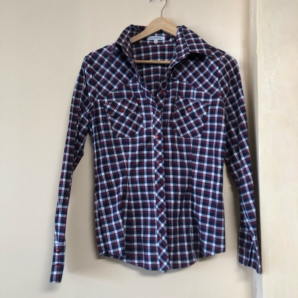 NARACAMICIE Plaid Stretch Cotton Fitted Button Down Shirt Darted Western Y2K